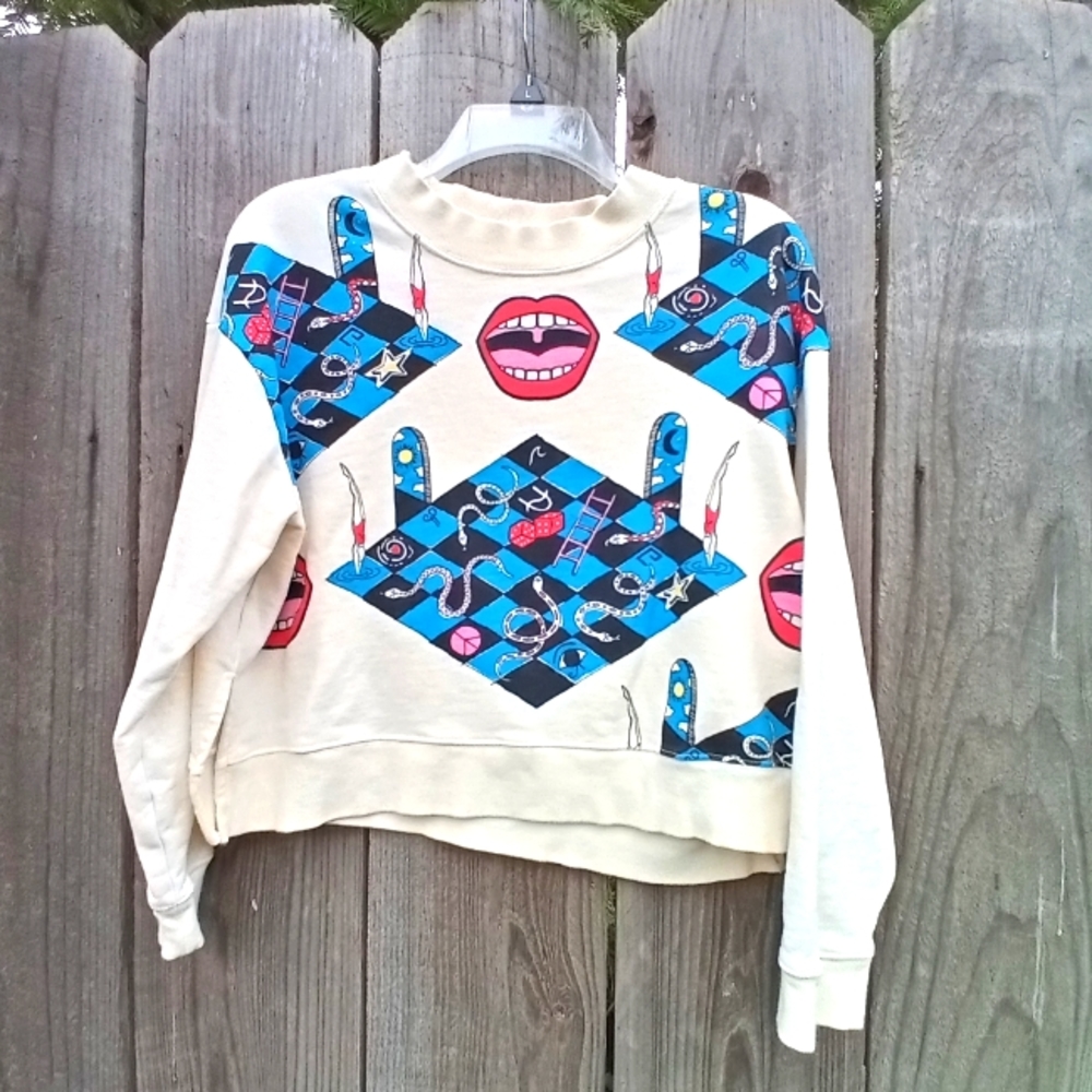 Game of Life Greatfool Cropped Sweater Large Pullover Round Neck Lock Sleeve